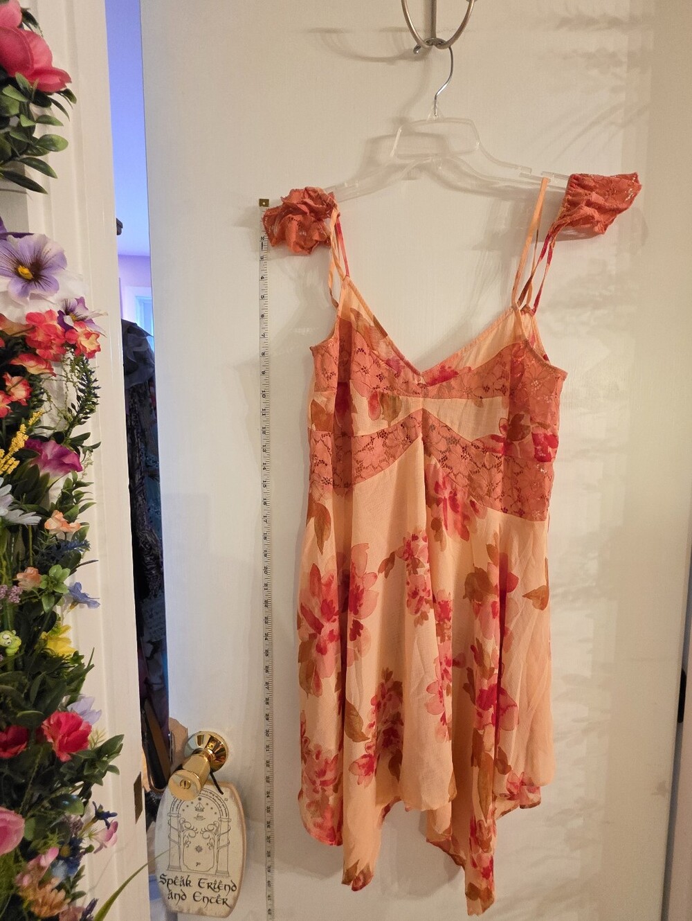 Floral Lace-Trim Chemise Slip in Peach and Coral